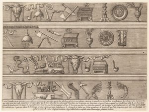 Speculum Romanae Magnificentiae: Instruments sacrificiels basés sur des reliefs anciens - Nicolas Beatrizet.