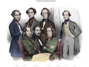 Galerie de la Gazette musicale N. 2. Célèbres de 1842: Frédéric Chopin, Franz Liszt, Jacob Rosenhain, Édouard Wolff, Sigismund Thalberg, Adolf von Henselt, Theodor Döhler. Gravure par Nicolas