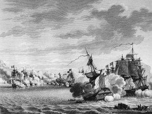 Guerre de la Révolution française et mouvements anti-révolutionnaires : Bataille du navire français « Avenger de Peuple » dirigé par le capitaine Renaudin le 3 juin - Nicolas Marie (after) Ozanne