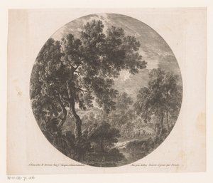 Paysage forestier avec deux hommes derrière un troupeau