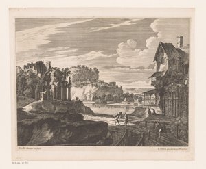 Paysage avec maisons et ruines le long de la rivière - Nicolas Perelle