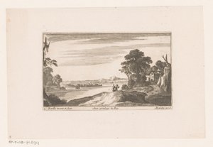 Paysage fluvial avec couple marchant (Rivierlandschappen met gebouwen) - Nicolas Perelle