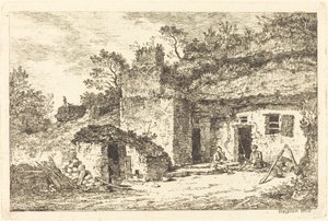 Un cottage avec deux hommes assis à l
