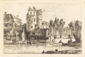 Ville sur une rive avec deux tours rondes - Nicolas Perignon