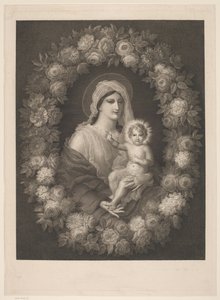 Marie avec enfant dans une couronne de fleurs - Nicolas Pinet