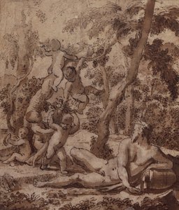 Un paysage boisé avec un dieu de la rivière et des putti - Nicolas Poussin