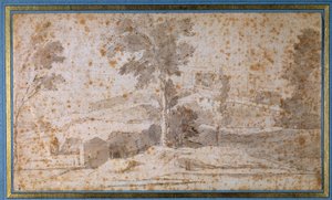 Paysage avec un grand arbre au centre et un belvédère