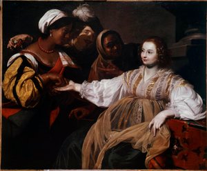 La diseuse de bonne aventure Une femme est venue consulter une chiromancienne. Peinture de Nicolas Régnier (1591-1667) Dim. 1,2x1,5 m - Nicolas Regnier
