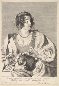 Dalila se préparant à couper les cheveux de Samson avec des ciseaux dans sa main droite - Nicolas Viennot