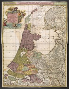 Carte de la Hollande, montrant les colonies, marais, bois, collines, routes, rivières et autres caractéristiques géographiques. Montre le titre dans un cartouche décoratif en haut à gauche avec la Renommée, Neptune et Thétis accompagnés de putti portant le - Nicolas Visscher