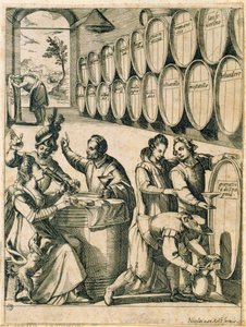 Buveurs dans une cave à vin (les noms des vins romains sont inscrits sur les barils) - Nicolaus van Aelst