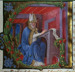 Saint Augustin écrivant, miniature de Nicolo Polani tirée de "De civitate dei" (La Cité de Dieu) de Saint Augustin d
