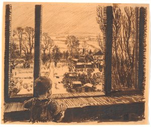 Un garçon à une fenêtre avec vue sur le jardin et le champ