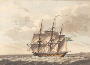 Une frégate suédoise avec des voiles réduites sous le vent