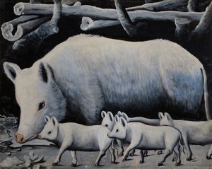 Truie blanche avec porcelets - Niko Pirosmani