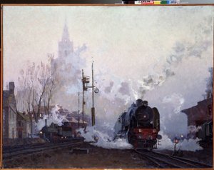 Sur la route. Les locomotives à vapeur noient le paysage urbain dans la fumée de leurs cheminées. Peinture de Nikolai Dmitryevich Kuznetsov (1923-1974), huile sur toile