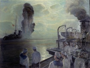 Révolution russe de 1917 : la flotte de la mer Noire russe coulant ses propres bateaux le 18 juin 1918. Peinture de Nikolai Eviampievich Bublikov (1871-1942), huile sur toile