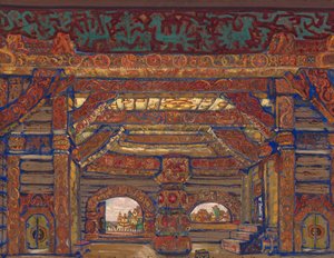 Le Palais du Tsar Berendey. Décor de scène pour la pièce de théâtre La Demoiselle des neiges par A. Ostrovsky, 1912 - Nikolai Konstantinowitsch Roerich
