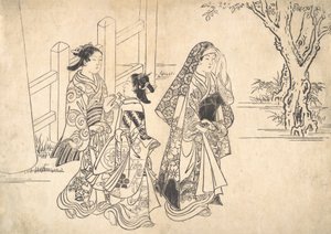 Une courtisane suivie de deux jeunes servantes - Nishikawa Sukenobu