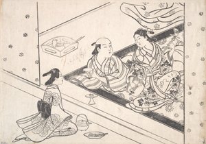 Dame jouant du shamisen, avec son amant et une servante à proximité - Nishikawa Sukenobu