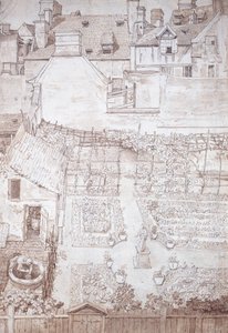 Un jardin de maison de ville, avec des parterres et une pergola de vigne, entouré de bâtiments, vers 1677 - Noel Gasselin