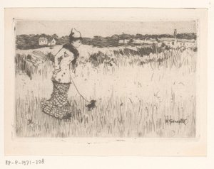Dame marchant avec un chien dans un paysage - Norbert Goeneutte