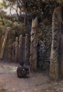 Les pierres "Demits," ou les âmes, avec leurs figures en bois, île de Malekula, Nouvelles-Hébrides (lithographie en couleur)