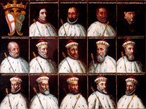 Armoiries de la République de Gênes et portraits des Doges - Simone Boccanegra, Ottaviano Fregoso et Antoniotto II Adorno; Andrea Doria. Oberto Cattaneo Lazzari, Battista Spinola, Battista Lomellini, Cristoforo Grilaldi Rosso, Giovanni Battista Doria - Northern Italian School