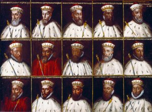 Blason de la République de Gênes et portraits des Doges. Gaspare Grimaldi Bracelli, Luca Spinola, Giacomo Promontorio, Agostino Pinello Ardimenti, Pietro Giovanni Chiavica, Girolamo Vivaldi, Paolo Battista Giudice, Battista Cicala Zoaglio, Giovan - Northern Italian School