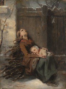 Mère morte démunie tenant son enfant endormi en hiver - Octave Tassaert