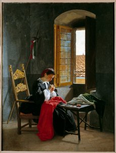 Risorgimento : femme cousant un drapeau italien le 26/04/1859 - Odoardo Borrani