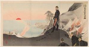 Officiers et hommes admirant le lever du soleil en bivouac dans les montagnes de Port Arthur - Ogata Gekko