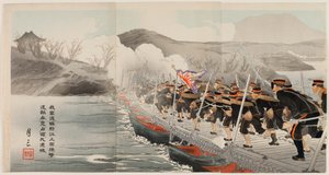Notre armée traverse la rivière Yalu sur le pont de pontons et repousse les forces ennemies pour finalement occuper Jiuliancheng - Ogata Gessan