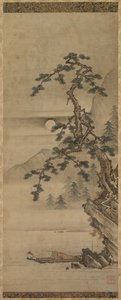 Paysage au clair de lune avec un vieil homme dans un bateau, période Muromachi, 1392-1573 - Oguri Sotan