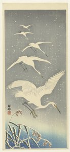 Aigrettes descendant dans la neige - Ohara Koson