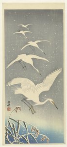 Hérons descendant dans la neige - Ohara Koson