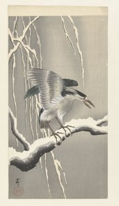 Héron sur une branche enneigée