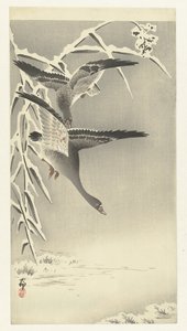 Deux oies des neiges dans un paysage enneigé - Ohara Koson
