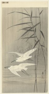 Deux hérons argentés en vol - Ohara Koson