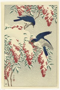 Gobemouches sur un arbuste de nandina - Ohara Koson