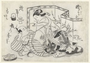 Homme et femme japonais, fumant devant un paravent - Okumura Masanobu (attributed to)