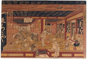 Grande perspective de la boutique de draperie Echigoya à Surugacho - Okumura Masanobu