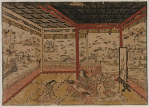 Dame Murasaki à Ishiyama Surplombant un Panorama avec Huit Vues du Lac Biwa - Okumura Masanobu