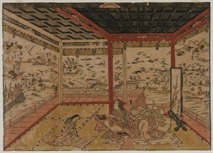 Lady Murasaki à Ishiyama surplombant un panorama avec sept vues du lac Biwa, années 1740 - Okumura Masanobu