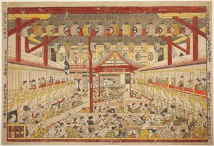 Grande image perspective de la performance Kaomise sur la scène Kabuki (Shibai kyogen butai kaomise o uki-e) - Okumura Masanobu