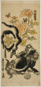 Lion et pivoines - Okumura Masanobu