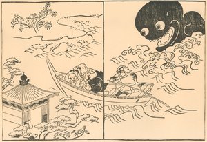 Hommes dans un bateau menacés par un monstre marin