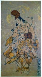 Musicienne. Femme jouant du tambour. Estampe japonaise par Okumura Masanobu - Okumura Masanobu