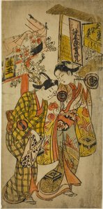 Les acteurs Sanjo Kantaro II en Osome et Ichikawa Monnosuke en Hisamatsu dans la pièce "Osome Hisamatsu Tamoto no Shiro Shibori," jouée au théâtre Morita, 1720 - Okumura Masanobu