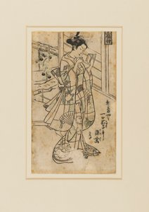 Gravure sur bois - Onoe Kikingoro I en femme lisant un livre, 18e siècle - Okumura Masanobu
